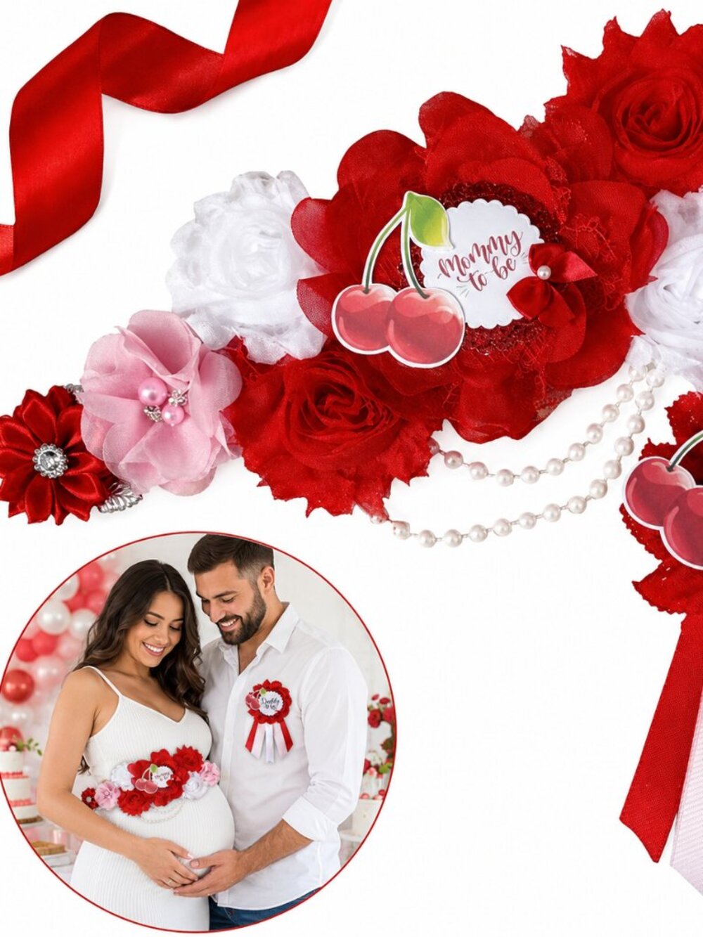 Cherry Themed Mommy to be Sash for Baby Shower and Daddy Pin